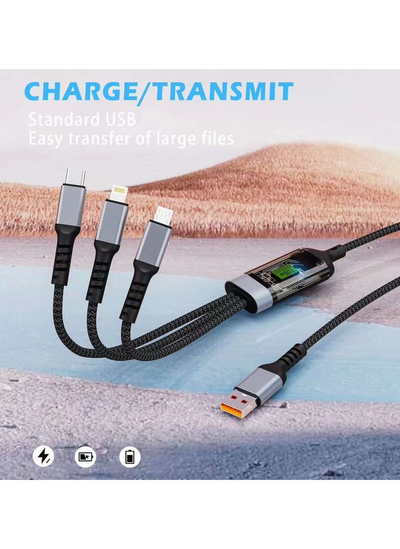 100W Transparent Digital Display Luminous Fast Charging One-to-Three Data Cable Suitable for Xiaomi Redmi Android Apple 6A Nylon Braided Data Cable High Current Fast Charging Cable Multi-head One-to-Three Thick Charging Cable Suitable for Galaxy S23, S22, S21, S20, A53, S10, Note 20, 10, 9, Moto Android Type-C Cable Three-in-one Fast Charging Nylon Braided USB Data Cable