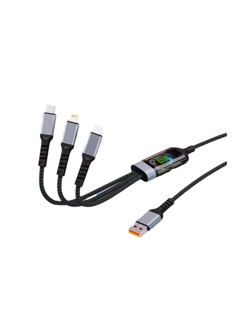 100W Transparent Digital Display Luminous Fast Charging One-to-Three Data Cable Suitable for Xiaomi Redmi Android Apple 6A Nylon Braided Data Cable High Current Fast Charging Cable Multi-head One-to-Three Thick Charging Cable Suitable for Galaxy S23, S22, S21, S20, A53, S10, Note 20, 10, 9, Moto Android Type-C Cable Three-in-one Fast Charging Nylon Braided USB Data Cable