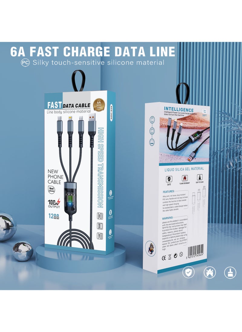 100W Transparent Digital Display Luminous Fast Charging One-to-Three Data Cable Suitable for Xiaomi Redmi Android Apple 6A Nylon Braided Data Cable High Current Fast Charging Cable Multi-head One-to-Three Thick Charging Cable Suitable for Galaxy S23, S22, S21, S20, A53, S10, Note 20, 10, 9, Moto Android Type-C Cable Three-in-one Fast Charging Nylon Braided USB Data Cable