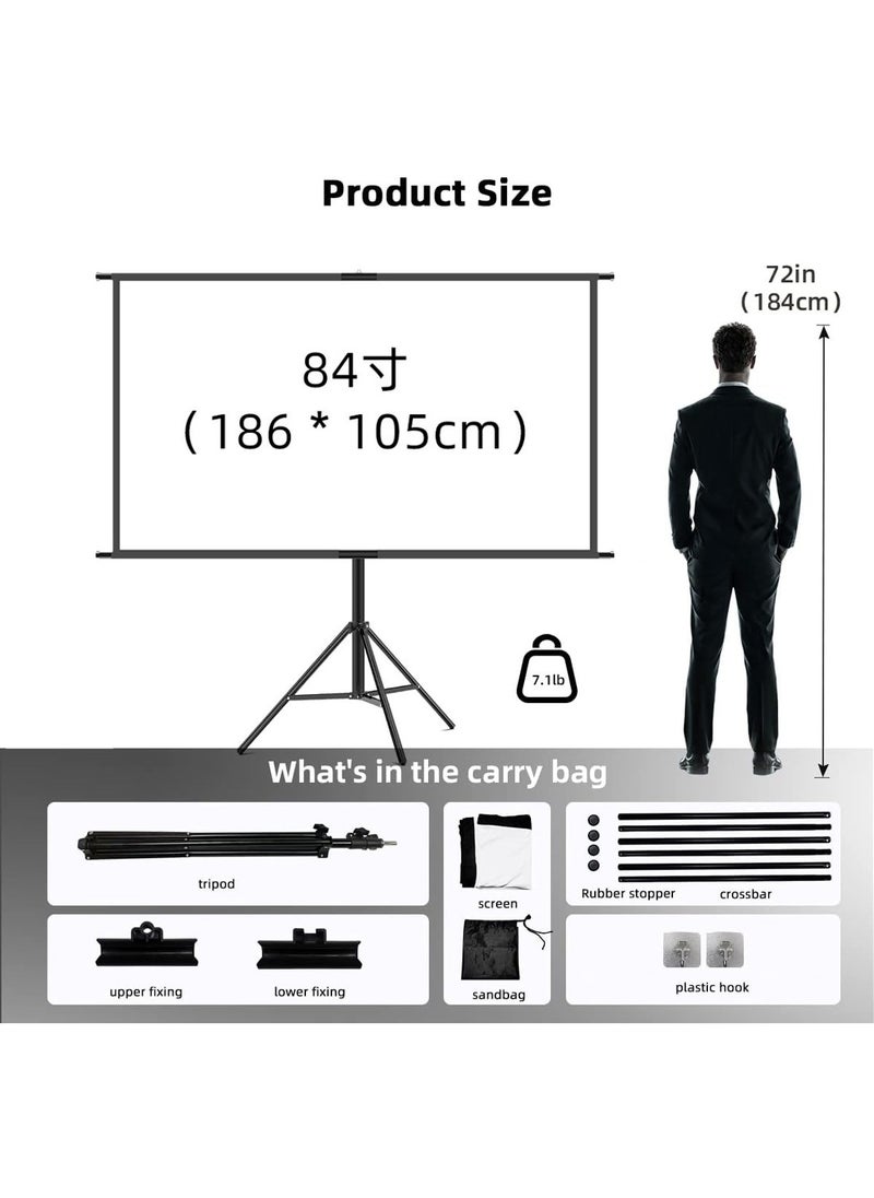 Updated Projector Screen with Stand 84 inch Indoor Outdoor Projector Screen 16:9 4K HD Projector Screen for Outdoor and Indoor Wall Hanging 2 IN 1 with Carry Bag Ground Nails