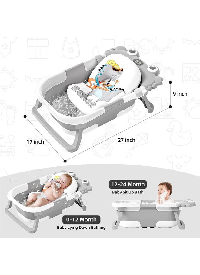 Grey Baby Bathtub Foldable Baby Bath Essentials Baby Bathtub Newborn to Toddler Portable Travel Multifunctional Baby Bath Tub with Non-Slip Mat Drain Hole