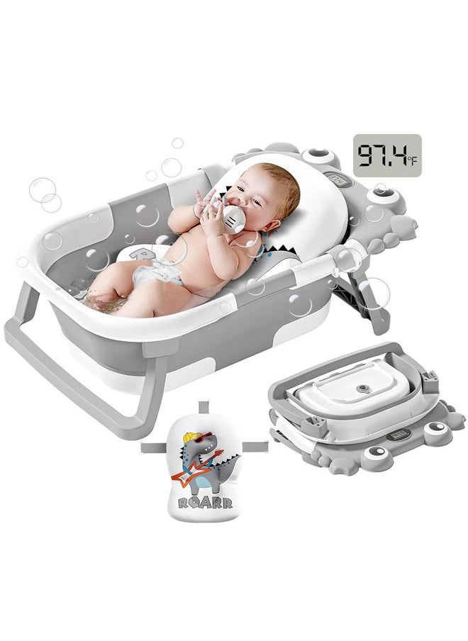 Grey Baby Bathtub Foldable Baby Bath Essentials Baby Bathtub Newborn to Toddler Portable Travel Multifunctional Baby Bath Tub with Non-Slip Mat Drain Hole