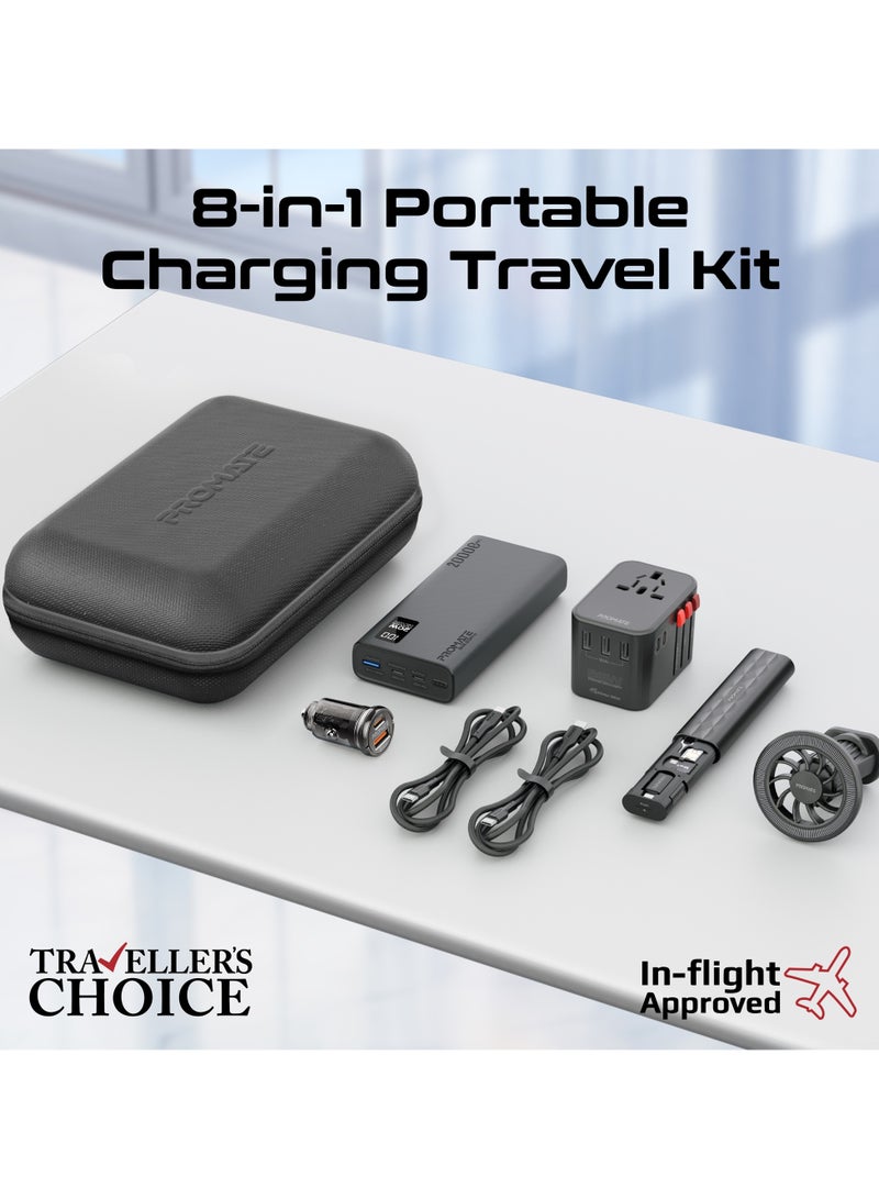 20000 mAh 8 in 1 Portable Travel Kit, Power Bank, 36W Universal AC Adapter, 65W Dual-Output Mini Car Charger, Dual USB-C & Lighting Cables, Magnetic Mount & Accessory Kit Black