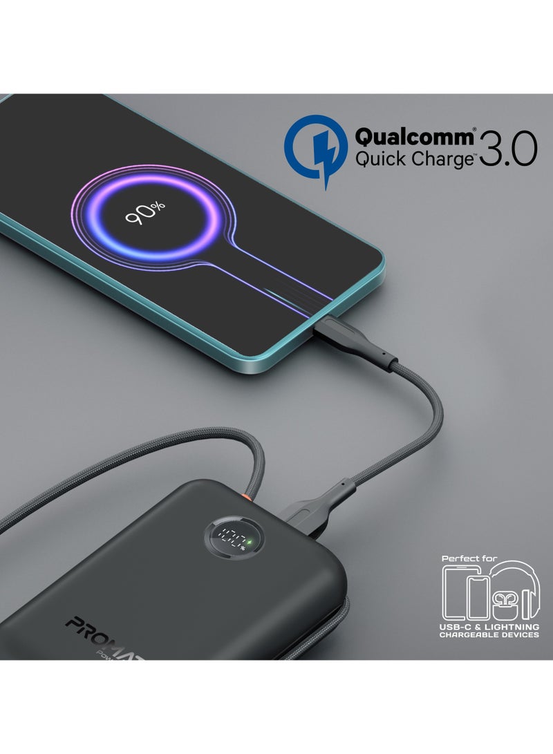 30000 mAh 4 in 1 High-Capacity Power Bank 35W, With Built-In USB-C Cable, 27W Lightning Cable and Dual PD35W USB-C Port, Safety Protection, and Qualcomm Quick Charger Black