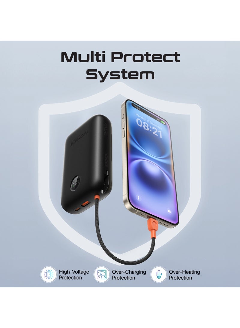 30000 mAh 4 in 1 High-Capacity Power Bank 35W, With Built-In USB-C Cable, 27W Lightning Cable and Dual PD35W USB-C Port, Safety Protection, and Qualcomm Quick Charger Black