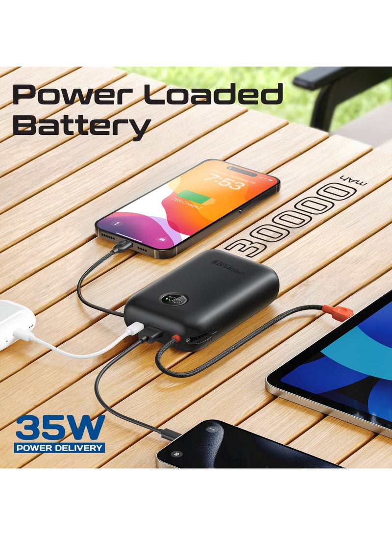 30000 mAh 4 in 1 High-Capacity Power Bank 35W, With Built-In USB-C Cable, 27W Lightning Cable and Dual PD35W USB-C Port, Safety Protection, and Qualcomm Quick Charger Black