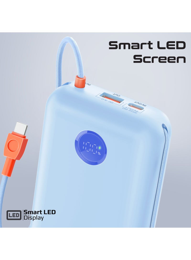 30000 mAh 4 in 1 High-Capacity Power Bank 35W, With Built-In USB-C Cable, 27W Lightning Cable and Dual PD35W USB-C Port, Safety Protection, and Qualcomm Quick Charger Blue