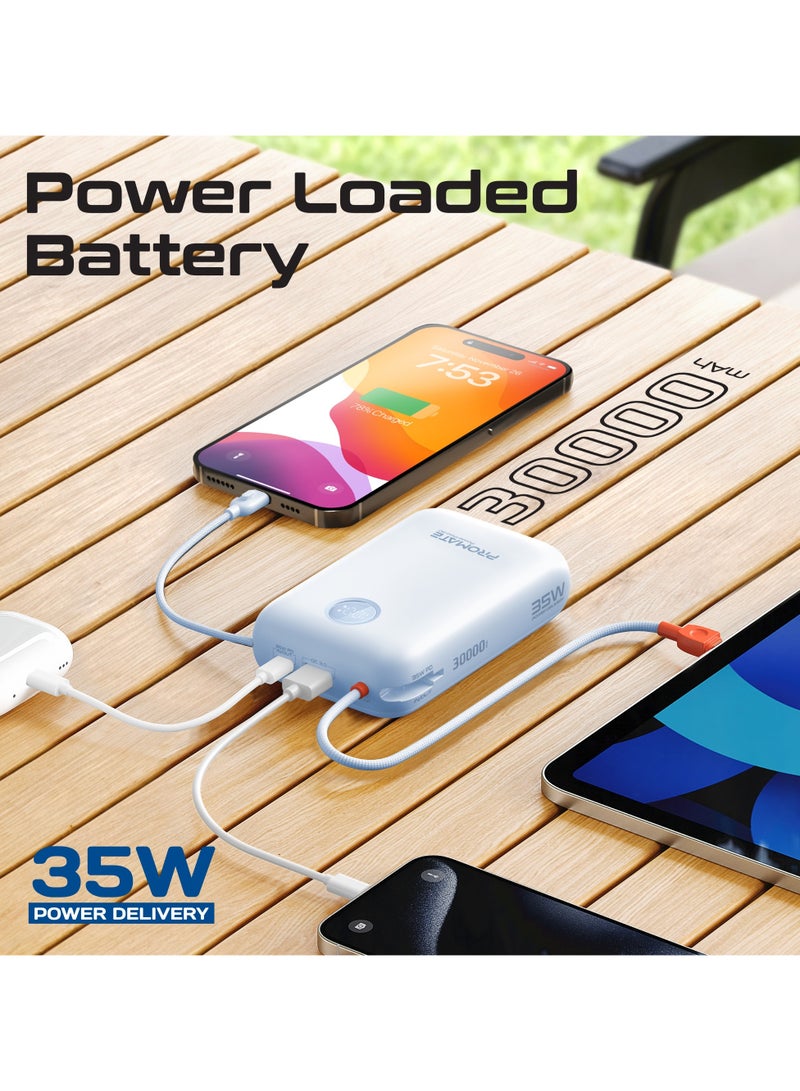 30000 mAh 4 in 1 High-Capacity Power Bank 35W, With Built-In USB-C Cable, 27W Lightning Cable and Dual PD35W USB-C Port, Safety Protection, and Qualcomm Quick Charger Blue