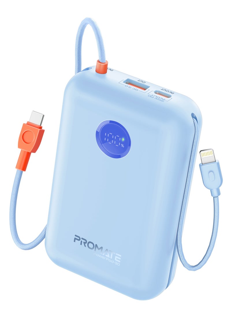 30000 mAh 4 in 1 High-Capacity Power Bank 35W, With Built-In USB-C Cable, 27W Lightning Cable and Dual PD35W USB-C Port, Safety Protection, and Qualcomm Quick Charger Blue