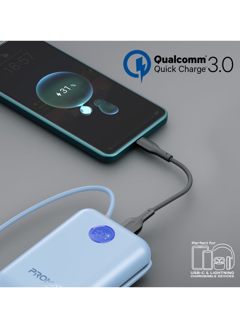 30000 mAh 4 in 1 High-Capacity Power Bank 35W, With Built-In USB-C Cable, 27W Lightning Cable and Dual PD35W USB-C Port, Safety Protection, and Qualcomm Quick Charger Blue