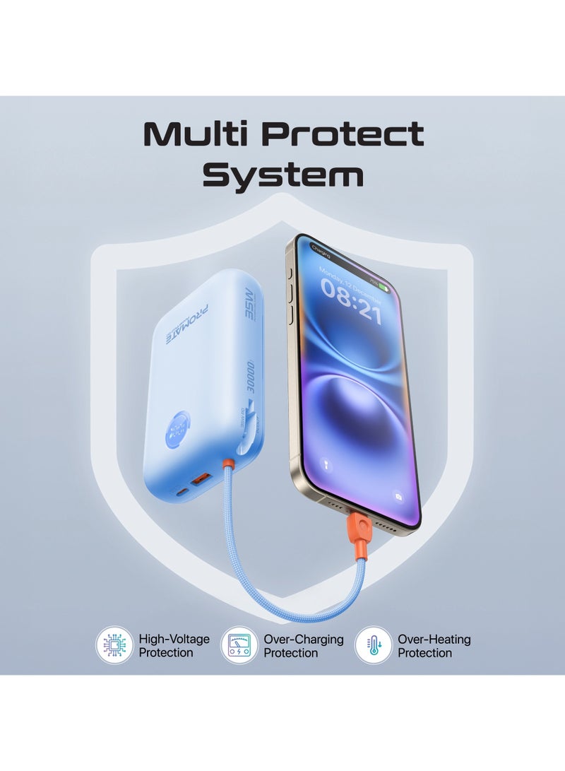 30000 mAh 4 in 1 High-Capacity Power Bank 35W, With Built-In USB-C Cable, 27W Lightning Cable and Dual PD35W USB-C Port, Safety Protection, and Qualcomm Quick Charger Blue