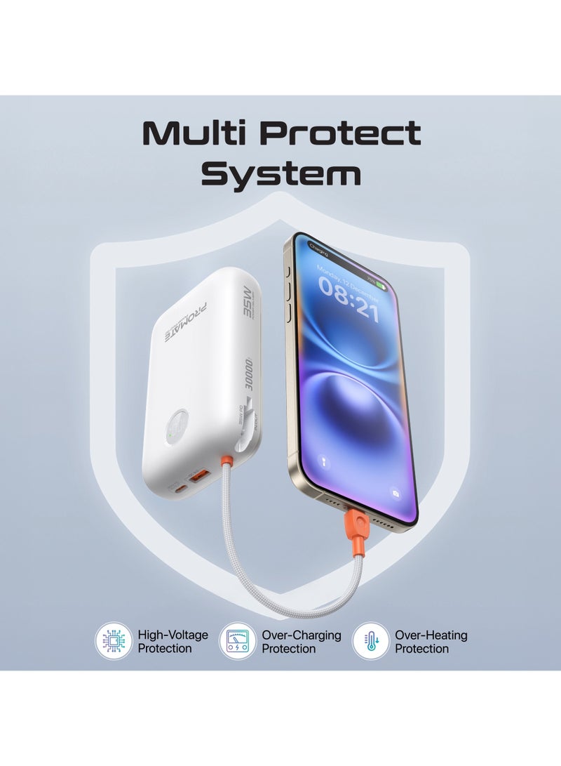 30000 mAh 4 in 1 High-Capacity Power Bank 35W, With Built-In USB-C Cable, 27W Lightning Cable and Dual PD35W USB-C Port, Safety Protection, and Qualcomm Quick Charger White