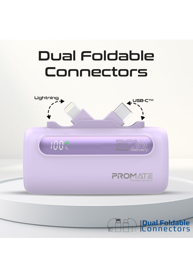 5000 mAh Portable Power Bank Mini with 20W USB-C In/Out Foldable Connector, 12W Lightning Foldable Connector, Ultra-Fast 20W USB Port PowerUp-Duo Purple