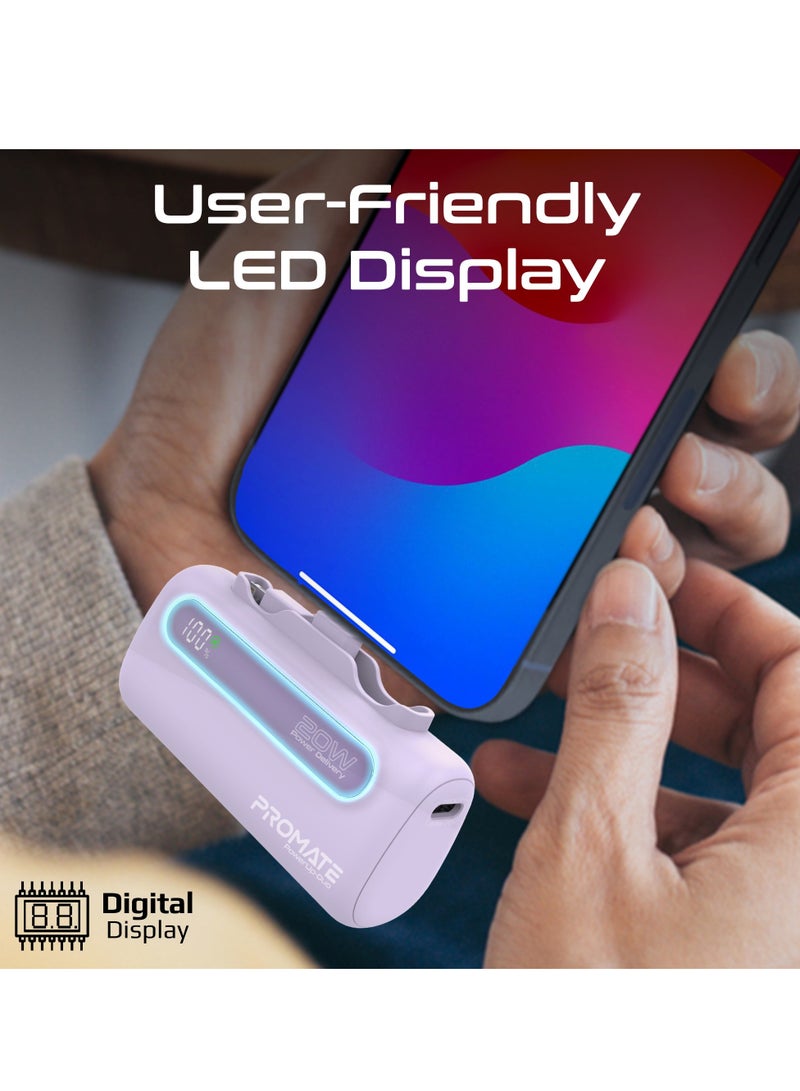 5000 mAh Portable Power Bank Mini with 20W USB-C In/Out Foldable Connector, 12W Lightning Foldable Connector, Ultra-Fast 20W USB Port PowerUp-Duo Purple