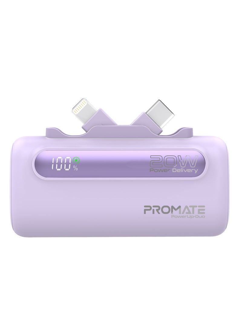 5000 mAh Portable Power Bank Mini with 20W USB-C In/Out Foldable Connector, 12W Lightning Foldable Connector, Ultra-Fast 20W USB Port PowerUp-Duo Purple