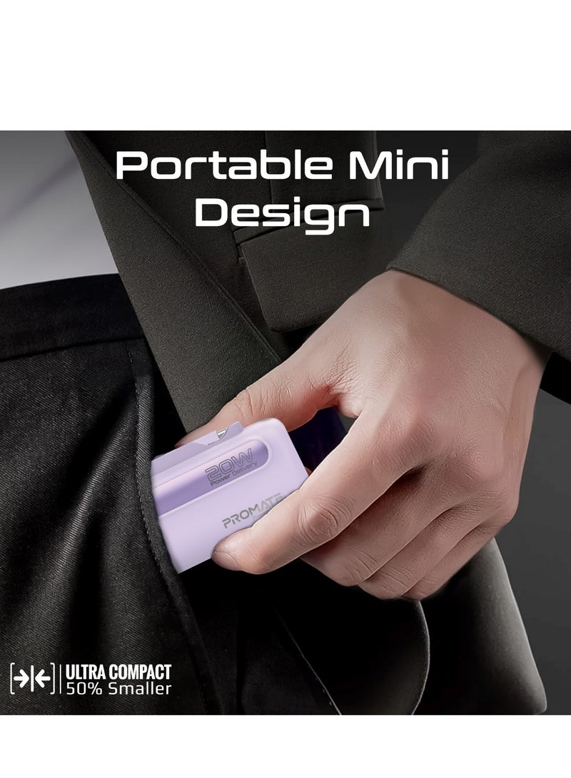 5000 mAh Portable Power Bank Mini with 20W USB-C In/Out Foldable Connector, 12W Lightning Foldable Connector, Ultra-Fast 20W USB Port PowerUp-Duo Purple