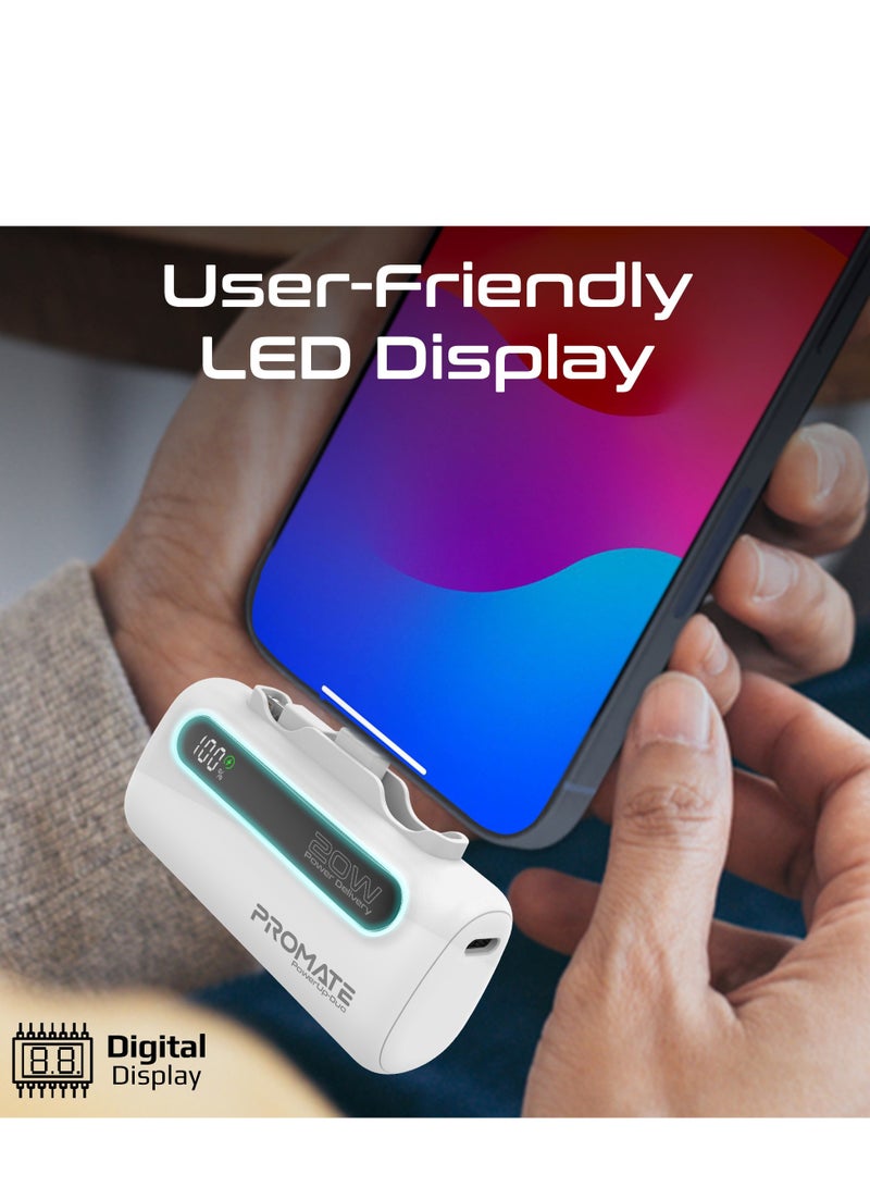 5000 mAh Portable Power Bank Mini with 20W USB-C In/Out Foldable Connector, 12W Lightning Foldable Connector, Ultra-Fast 20W USB Port PowerUp-Duo White