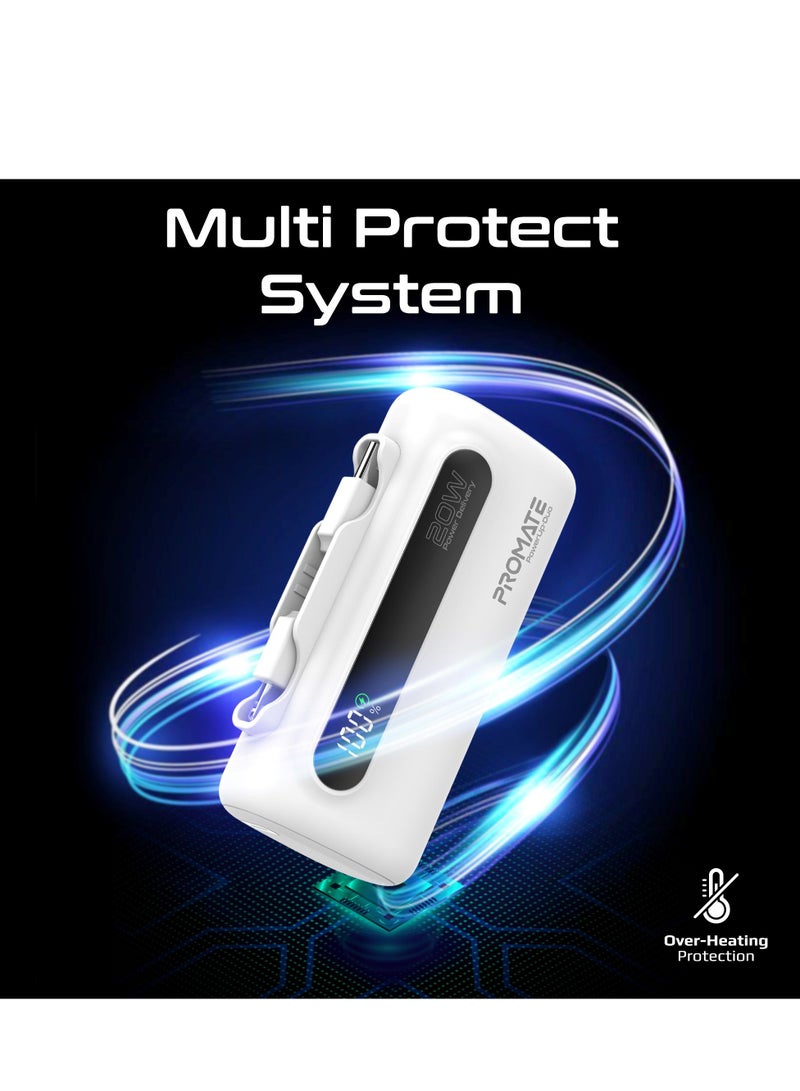 5000 mAh Portable Power Bank Mini with 20W USB-C In/Out Foldable Connector, 12W Lightning Foldable Connector, Ultra-Fast 20W USB Port PowerUp-Duo White