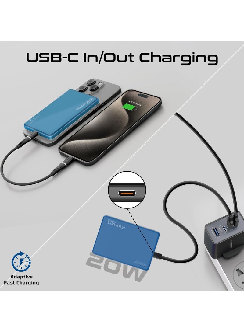 5000 mAh Ultra-Compact Power Bank, Battery Charger with 15W MagSafe Compatible Fast Charging, 20W USB-C Input/Output Port, Charge Protection, Smart Battery Indicators, and Durable Aluminium Design, Blade-5 Blue