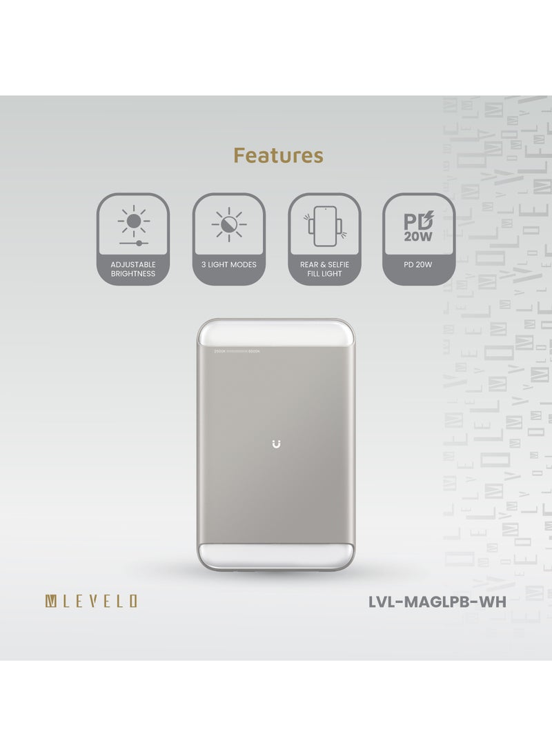 MagLight Portable Power Bank 8000mAh PD 20W / Fast Charging / MagSafe Charging / 3 Light Modes / Adjustable Brightness / Rear & Selfie Fill Light / Selfie Mode MagSafe Compatible - White