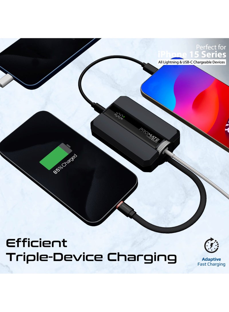 10000 mAh Power Bank, Universal Ultra-Compact Battery Charger, with Double-ended Type-C to Lightning cable, Triple Device Charging, USB-C and Lightning Ports, 30W Fast Charging, Dual Recharging Methods, LED Display, Charge Protection, Neo-10Uni Black