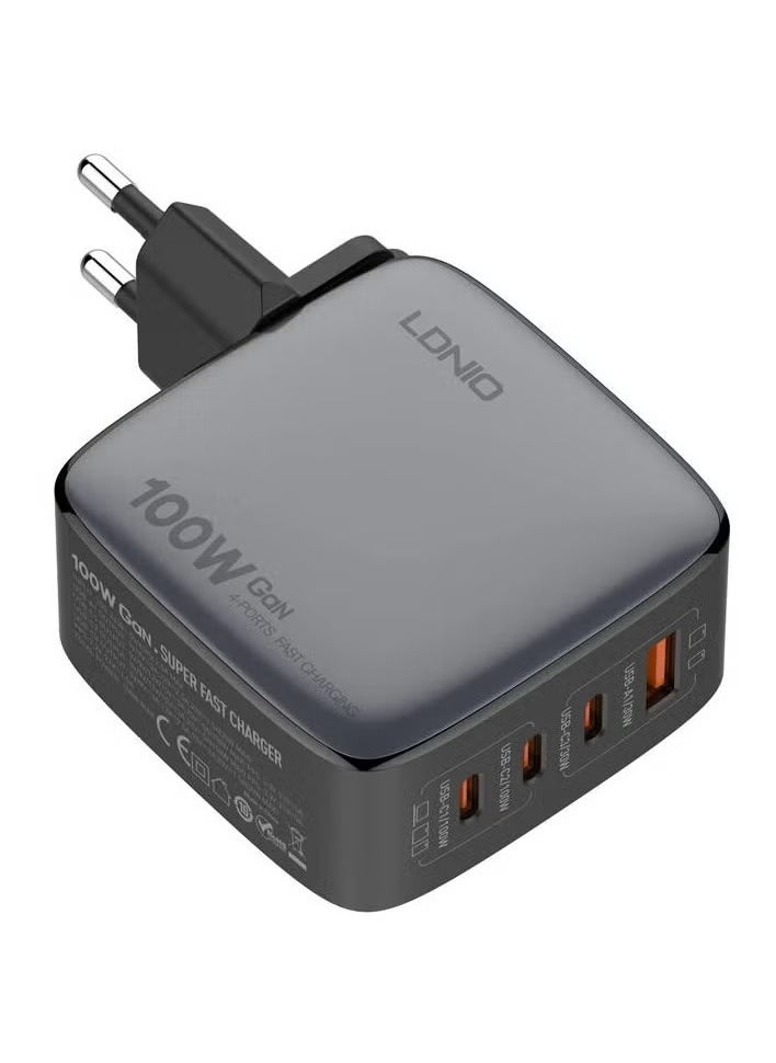 Q408 100W GaN Super Fast Charger with US/UK/EU Plugs, 1 USB & 3 Type-C Ports, High-Speed Wall Adapter for Mobile Phones, Laptops, Tablets, and More – Compact Power Delivery Charger