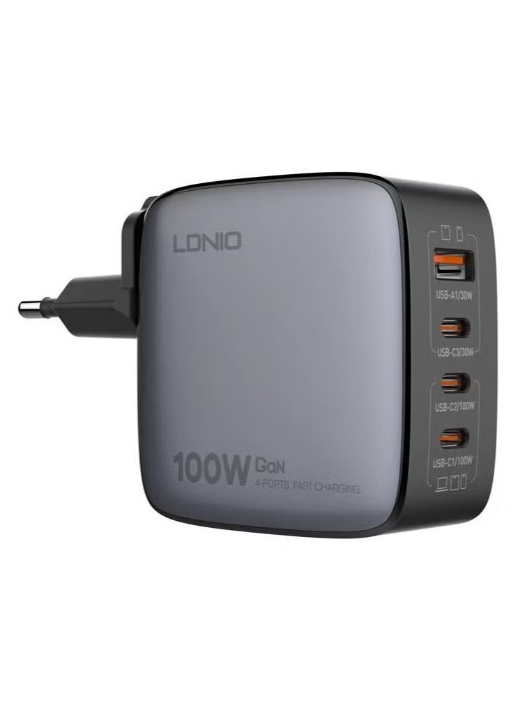 Q408 100W GaN Super Fast Charger with US/UK/EU Plugs, 1 USB & 3 Type-C Ports, High-Speed Wall Adapter for Mobile Phones, Laptops, Tablets, and More – Compact Power Delivery Charger