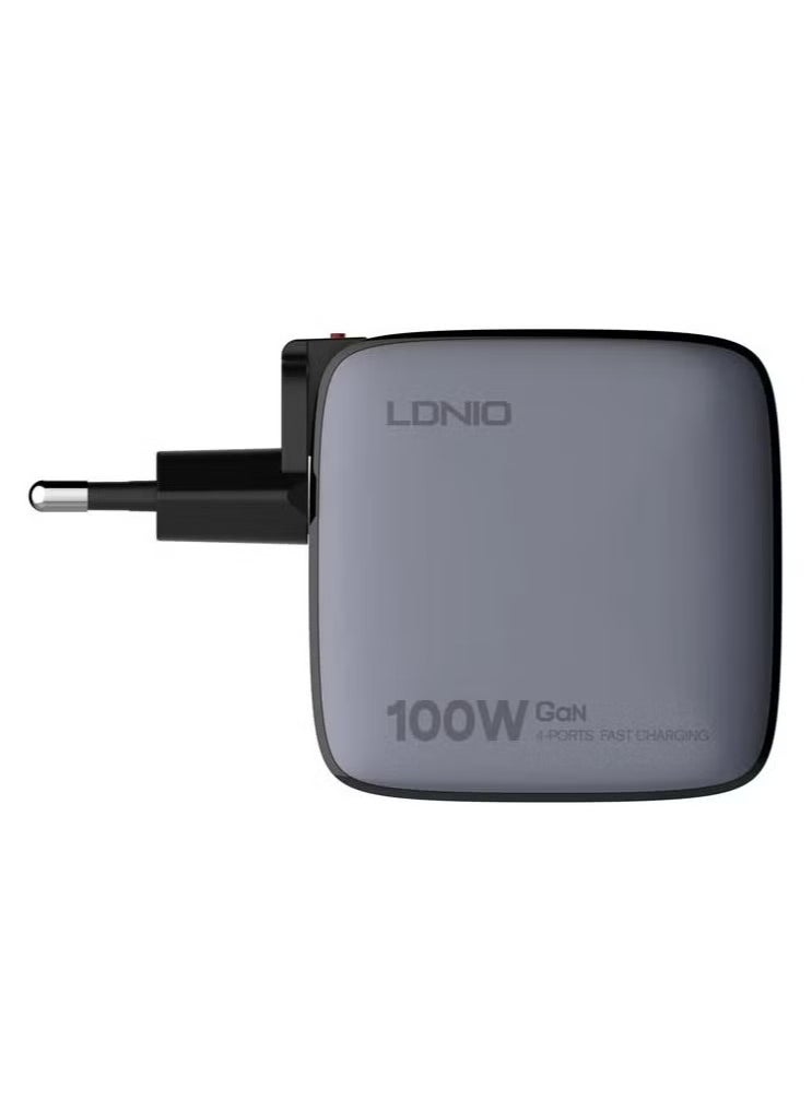 Q408 100W GaN Super Fast Charger with US/UK/EU Plugs, 1 USB & 3 Type-C Ports, High-Speed Wall Adapter for Mobile Phones, Laptops, Tablets, and More – Compact Power Delivery Charger