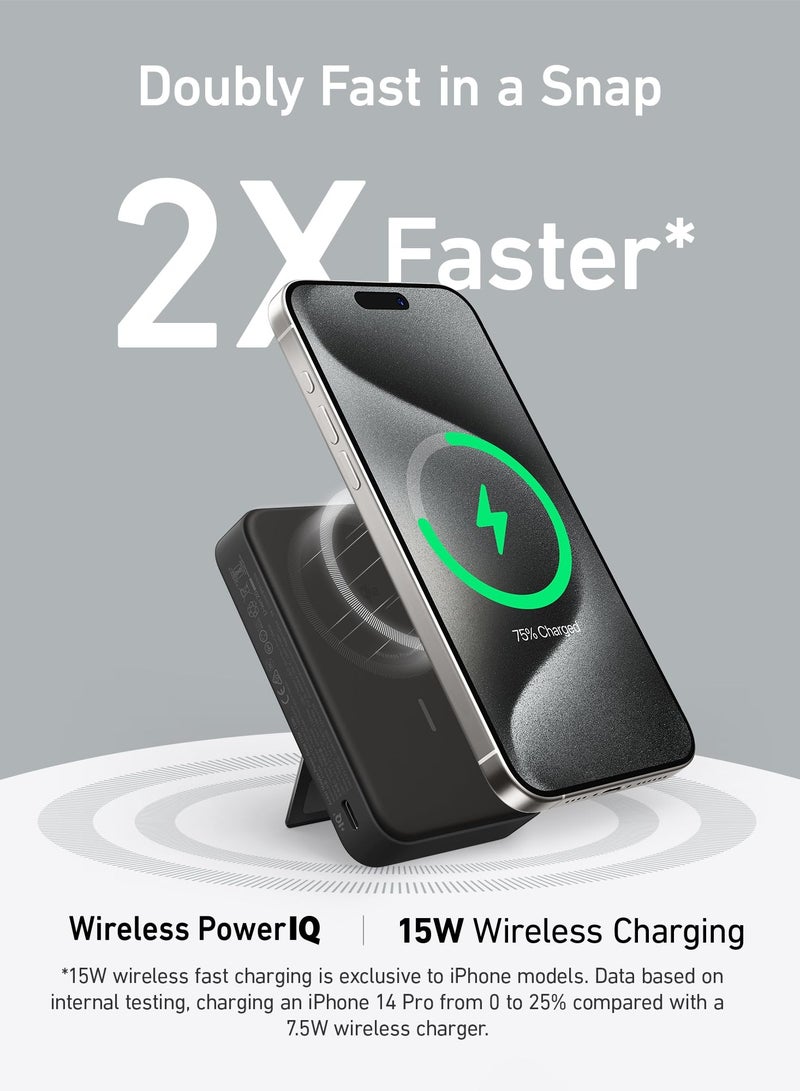 10000 mAh MagGo Power Bank, Qi2 Certified 15W Ultra-Fast MagSafe-Compatible Portable Charger, 10,000mAh Battery Pack with Smart Display and Foldable Stand, For iPhone 16/15/14/13 Only(USB-C Cable Include) Black