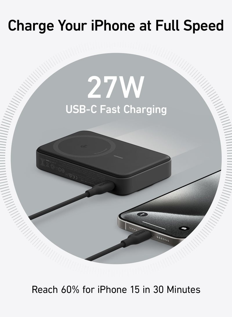 10000 mAh MagGo Power Bank, Qi2 Certified 15W Ultra-Fast MagSafe-Compatible Portable Charger, 10,000mAh Battery Pack with Smart Display and Foldable Stand, For iPhone 16/15/14/13 Only(USB-C Cable Include) Black