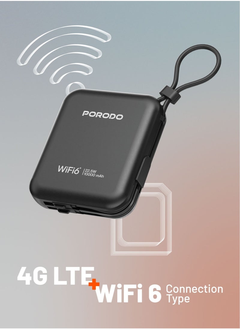 Unique Pocket Router 4G LTE/Wi-Fi 6 and 10000mAh Power Bank PD 22.5W / Built-in Type-C and Lightning Cables / Secure Connection / 8 Connected Devices /High Speed Upload and Download Router / High Capacity Powerbank - Black