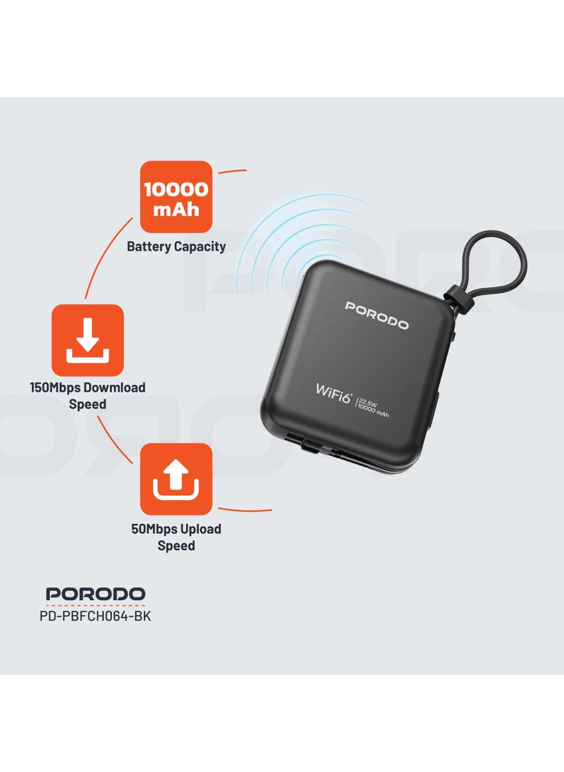 Unique Pocket Router 4G LTE/Wi-Fi 6 and 10000mAh Power Bank PD 22.5W / Built-in Type-C and Lightning Cables / Secure Connection / 8 Connected Devices /High Speed Upload and Download Router / High Capacity Powerbank - Black