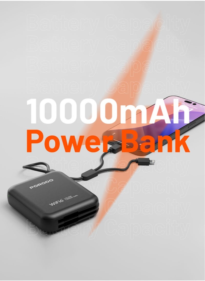 Unique Pocket Router 4G LTE/Wi-Fi 6 and 10000mAh Power Bank PD 22.5W / Built-in Type-C and Lightning Cables / Secure Connection / 8 Connected Devices /High Speed Upload and Download Router / High Capacity Powerbank - Black