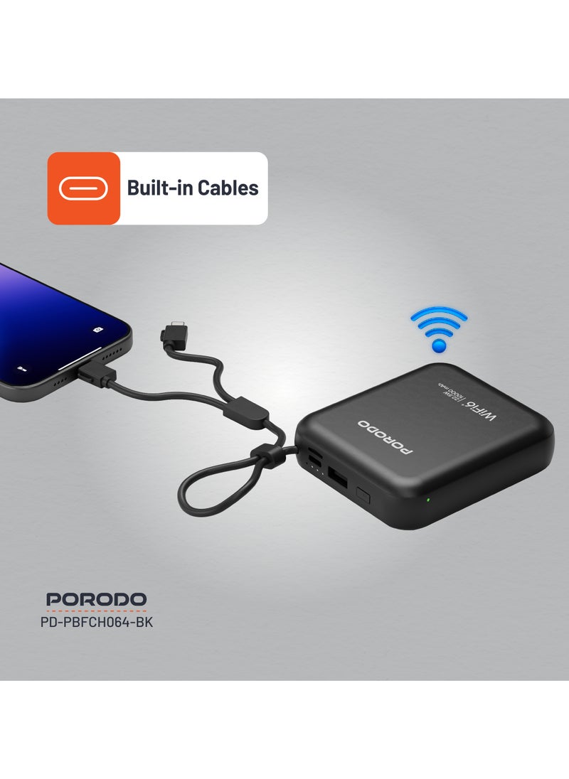 Unique Pocket Router 4G LTE/Wi-Fi 6 and 10000mAh Power Bank PD 22.5W / Built-in Type-C and Lightning Cables / Secure Connection / 8 Connected Devices /High Speed Upload and Download Router / High Capacity Powerbank - Black