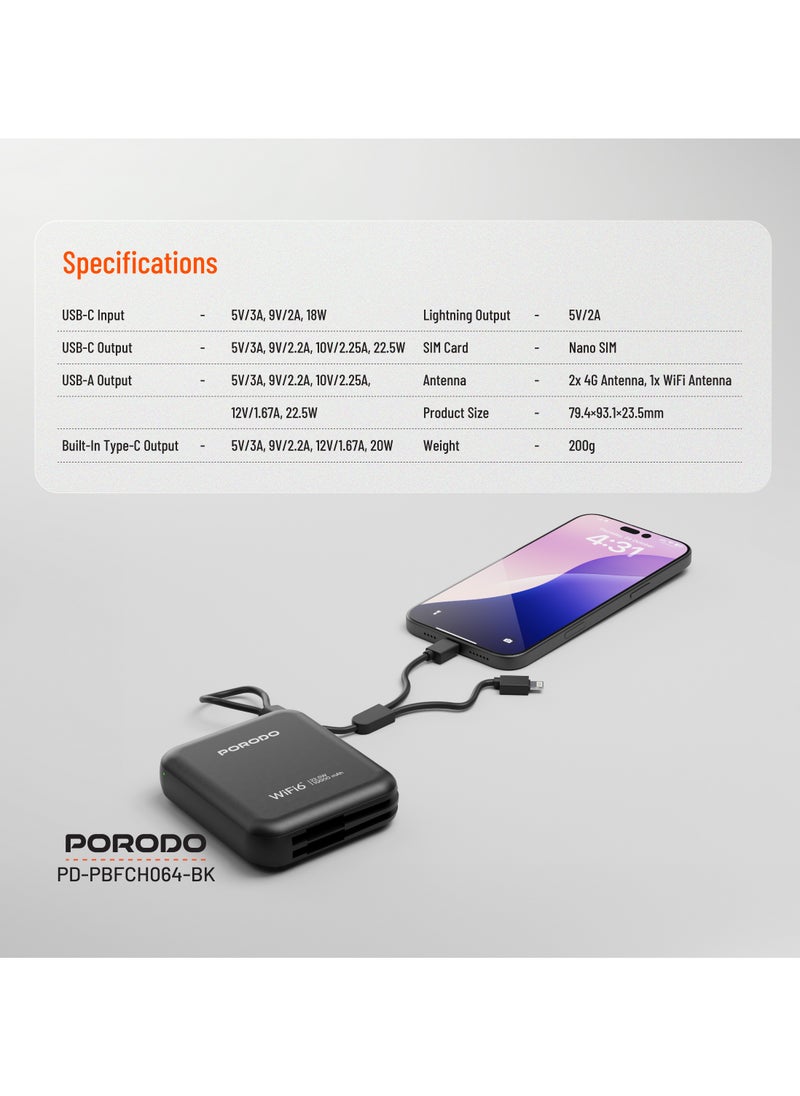 Unique Pocket Router 4G LTE/Wi-Fi 6 and 10000mAh Power Bank PD 22.5W / Built-in Type-C and Lightning Cables / Secure Connection / 8 Connected Devices /High Speed Upload and Download Router / High Capacity Powerbank - Black