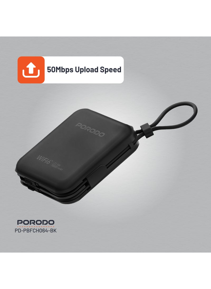 Unique Pocket Router 4G LTE/Wi-Fi 6 and 10000mAh Power Bank PD 22.5W / Built-in Type-C and Lightning Cables / Secure Connection / 8 Connected Devices /High Speed Upload and Download Router / High Capacity Powerbank - Black