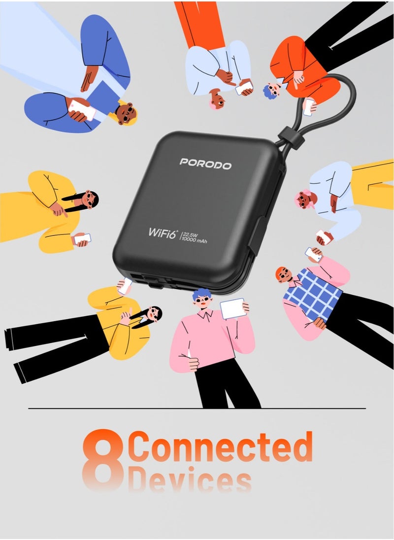 Unique Pocket Router 4G LTE/Wi-Fi 6 and 10000mAh Power Bank PD 22.5W / Built-in Type-C and Lightning Cables / Secure Connection / 8 Connected Devices /High Speed Upload and Download Router / High Capacity Powerbank - Black