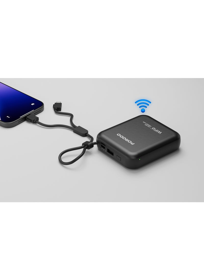 Unique Pocket Router 4G LTE/Wi-Fi 6 and 10000mAh Power Bank PD 22.5W / Built-in Type-C and Lightning Cables / Secure Connection / 8 Connected Devices /High Speed Upload and Download Router / High Capacity Powerbank - Black