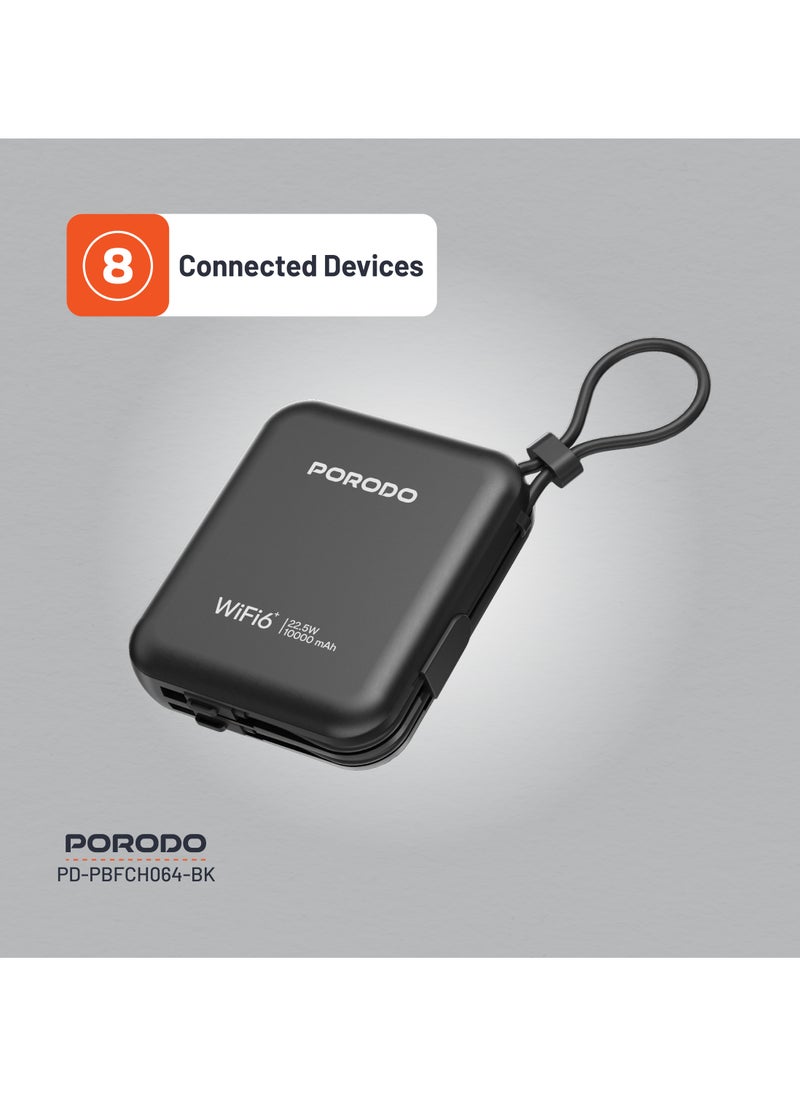 Unique Pocket Router 4G LTE/Wi-Fi 6 and 10000mAh Power Bank PD 22.5W / Built-in Type-C and Lightning Cables / Secure Connection / 8 Connected Devices /High Speed Upload and Download Router / High Capacity Powerbank - Black