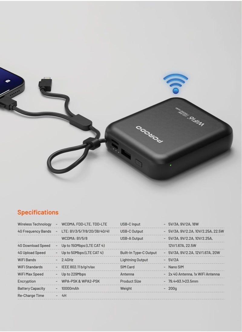 Unique Pocket Router 4G LTE/Wi-Fi 6 and 10000mAh Power Bank PD 22.5W / Built-in Type-C and Lightning Cables / Secure Connection / 8 Connected Devices /High Speed Upload and Download Router / High Capacity Powerbank - Black