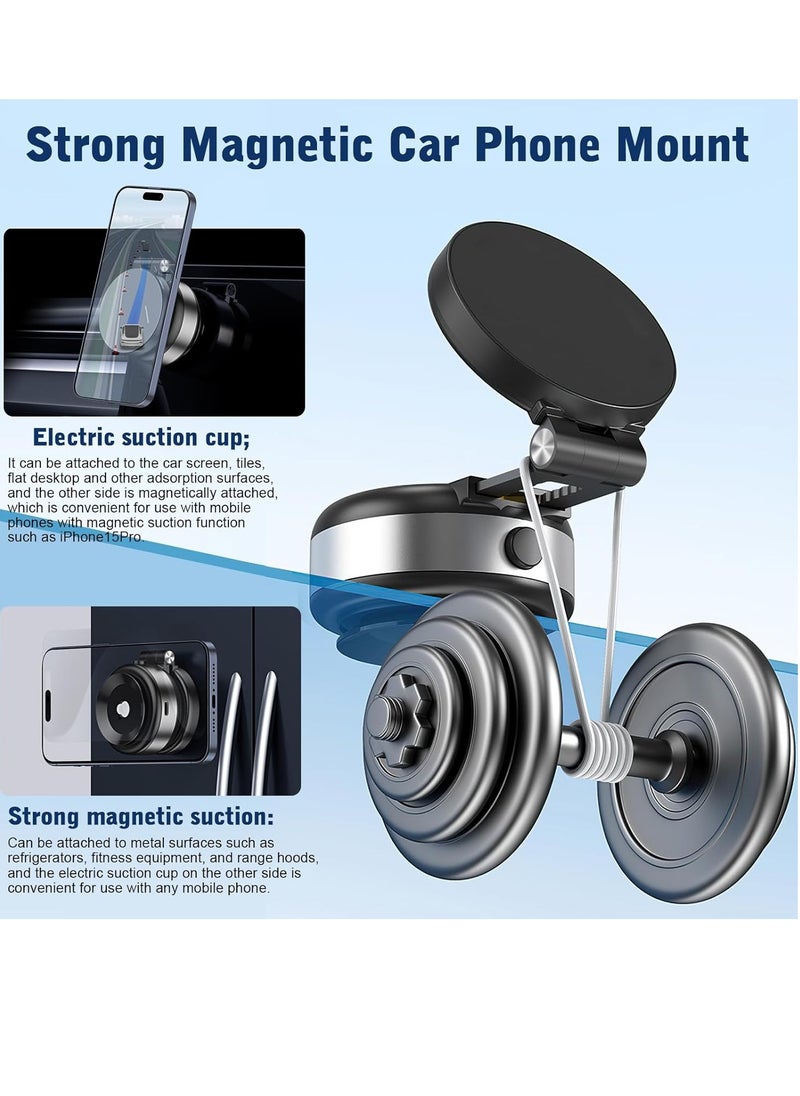 Electric Vacuum Magnetic Suction Phone Mount – 360° Rotating Magnetic Phone Holder, Foldable Smart Double-Sided Suction Design, Strong Magnetic Car Phone Holder for Car, Mirror, & Smooth Surfaces – Premium Silver (Universal Compatibility)