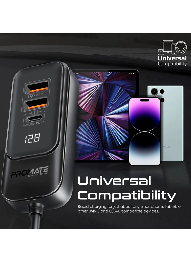 Promate Premium 120W DC Car Charger With Extended Fast-Charging Hub Black