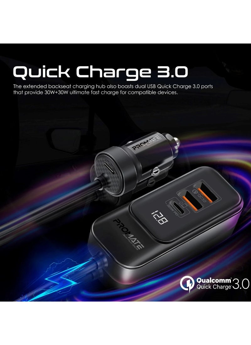 Promate Premium 120W DC Car Charger With Extended Fast-Charging Hub Black