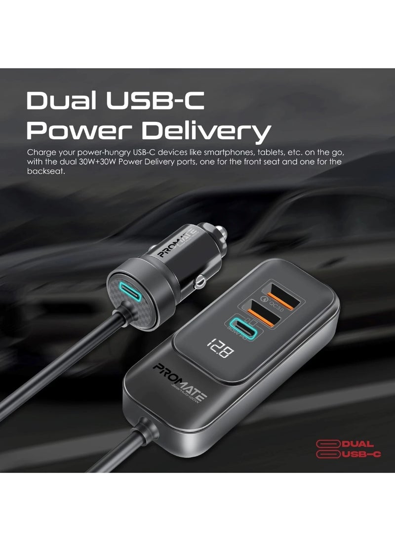 Promate Premium 120W DC Car Charger With Extended Fast-Charging Hub Black