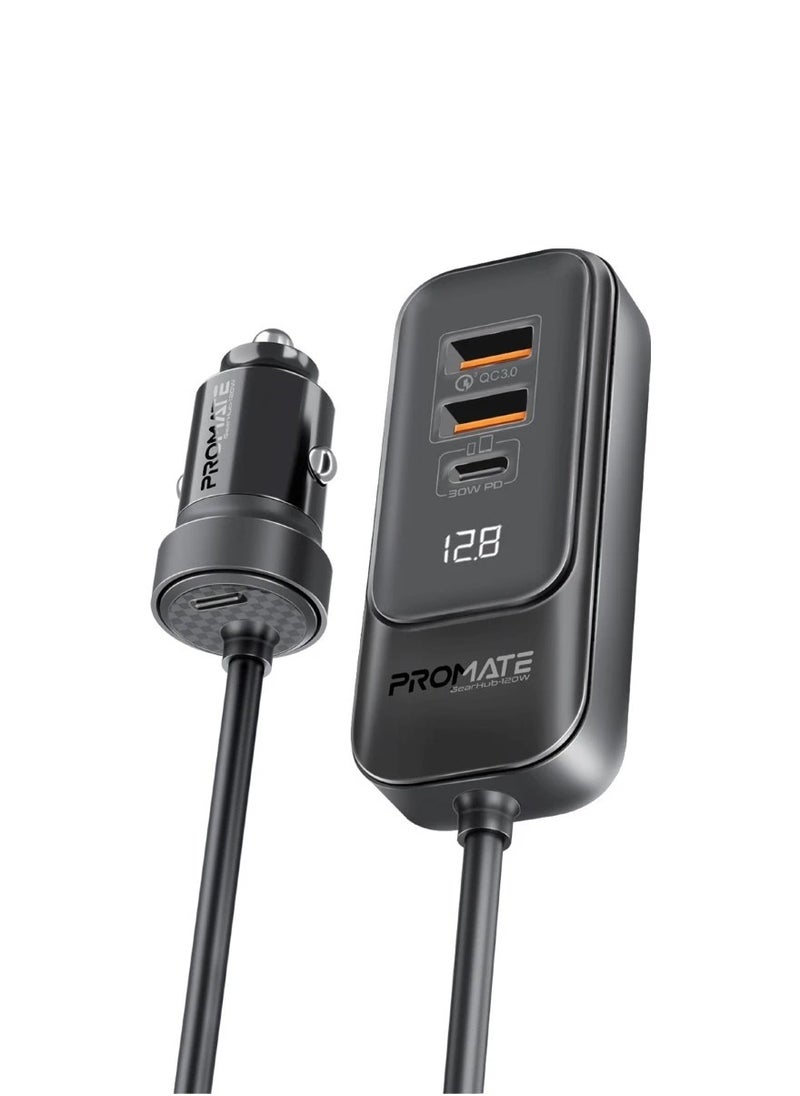 Promate Premium 120W DC Car Charger With Extended Fast-Charging Hub Black