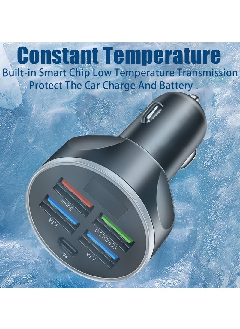 5 Port Car Charger Socket, Quick Charge 4USB+Type C Multi Port Car Accessories Interior Compatible with Most Smart Phone