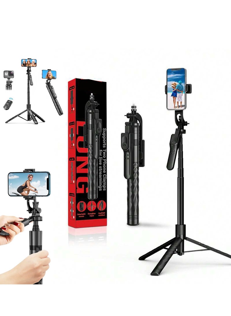 Selfie Stick Tripod with Bluetooth Wireless Remote – 360° Rotation, Extendable to 1.75m (160cm), Handheld Stabilizer for Phones, Live Video, Foldable Design with Light