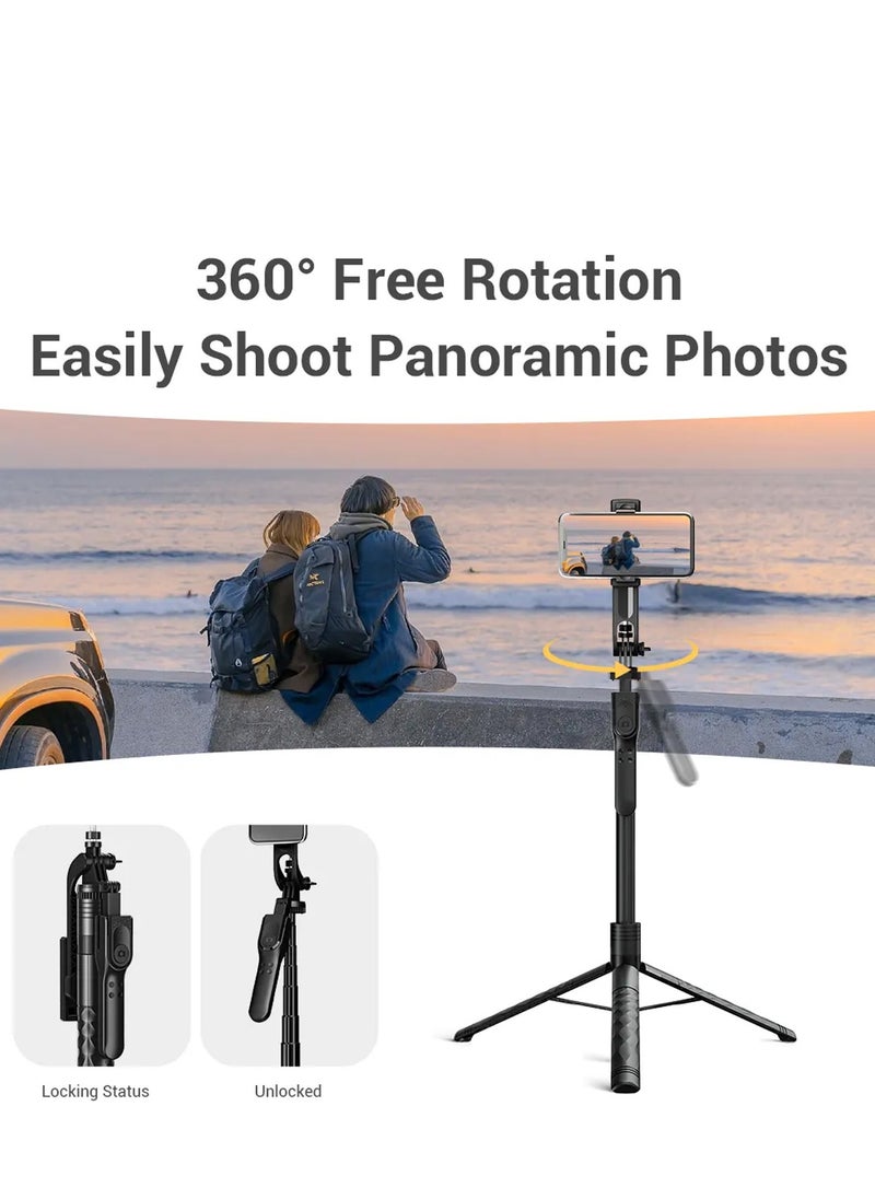 Selfie Stick Tripod with Bluetooth Wireless Remote – 360° Rotation, Extendable to 1.75m (160cm), Handheld Stabilizer for Phones, Live Video, Foldable Design with Light