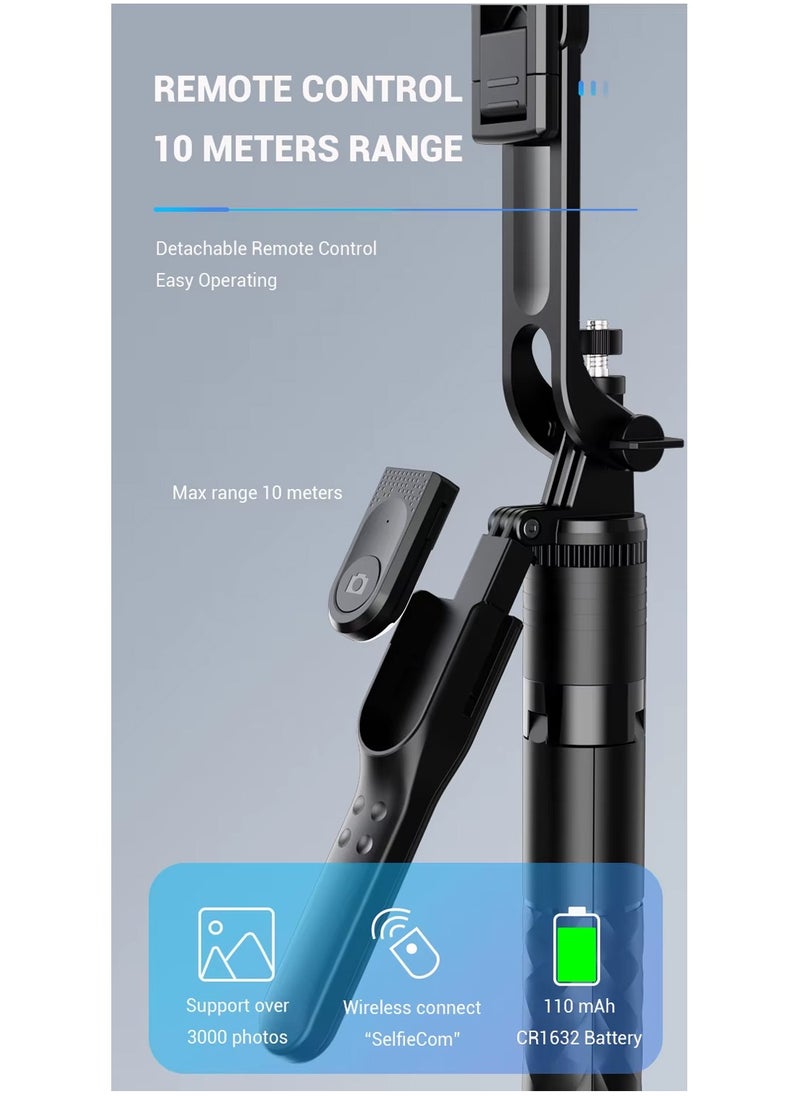 Selfie Stick Tripod with Bluetooth Wireless Remote – 360° Rotation, Extendable to 1.75m (160cm), Handheld Stabilizer for Phones, Live Video, Foldable Design with Light