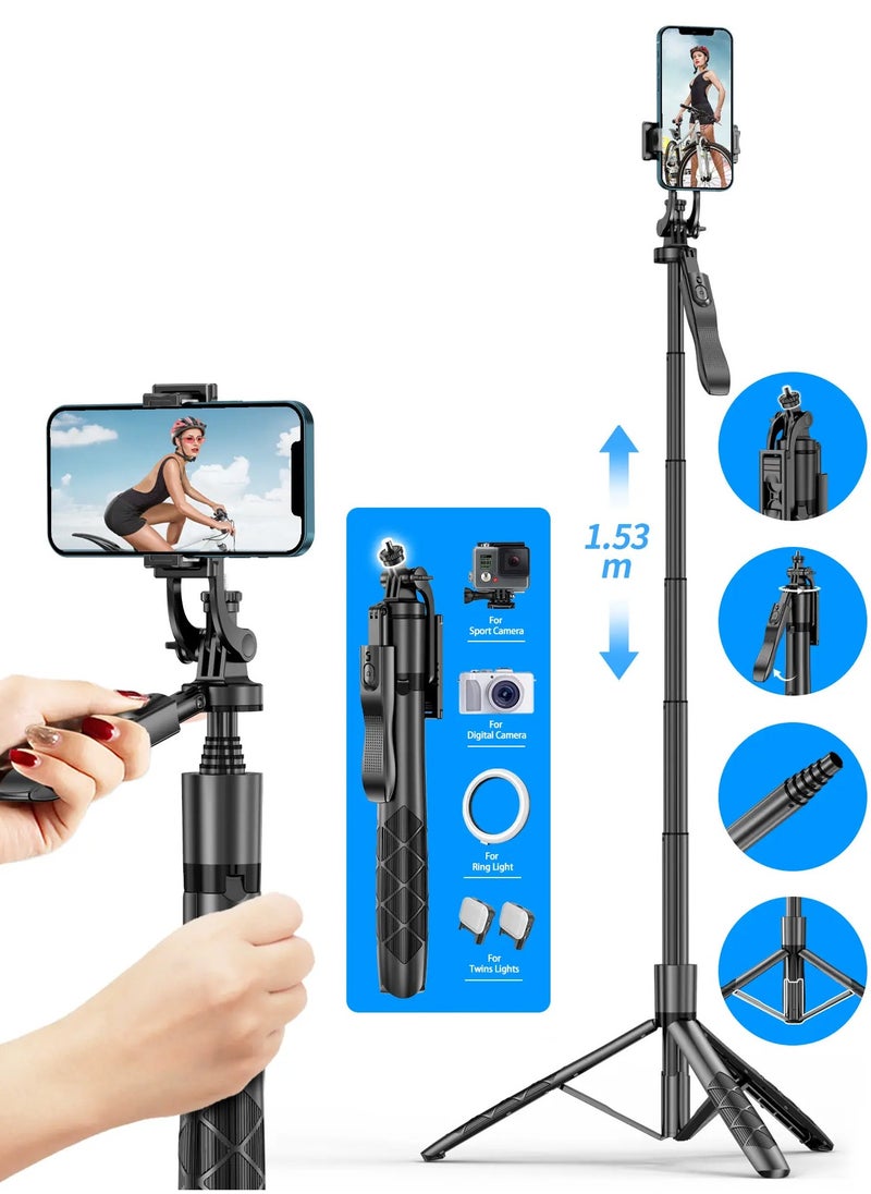 Selfie Stick Tripod with Bluetooth Wireless Remote – 360° Rotation, Extendable to 1.75m (160cm), Handheld Stabilizer for Phones, Live Video, Foldable Design with Light